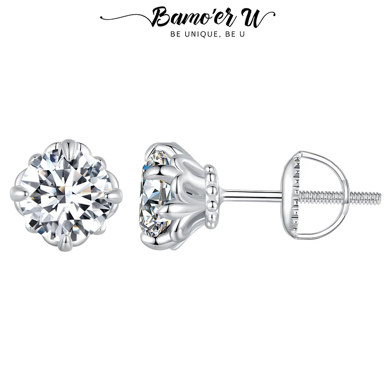 Bamoer U 0.5/1CT D Color VVS1 EX Moissanite Stud Earrings S925 Platinum Plated Earrings Lab Diamond Shining Valentine\'s Day Gift