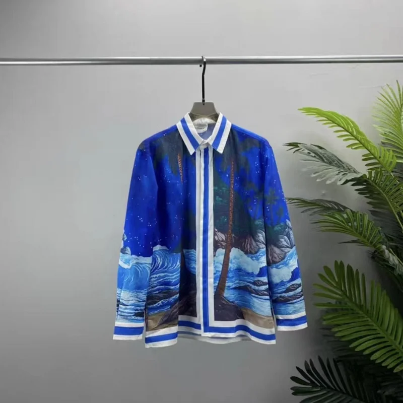 

High Quality HAWAIIAN T-Shirt Shirts Tees Summer Style 1:1 Blue Long Sleeves CASABLANCA Silk SHIRT Men Women