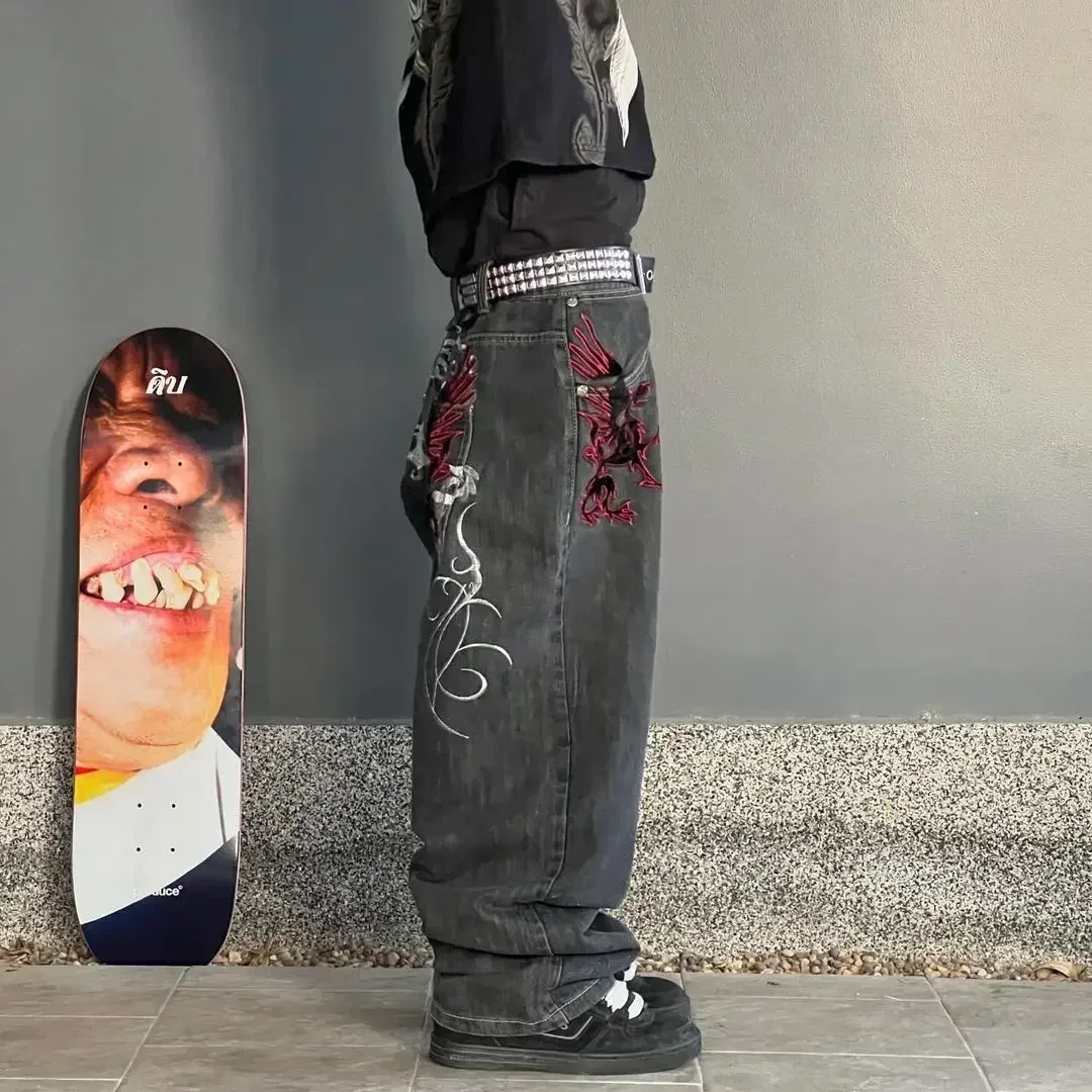 Y2K American Retro Gothic Jeans Women Trendy Embroidered Pattern Denim Trousers Men Harajuku Straight Loose Wide Leg Pants 5