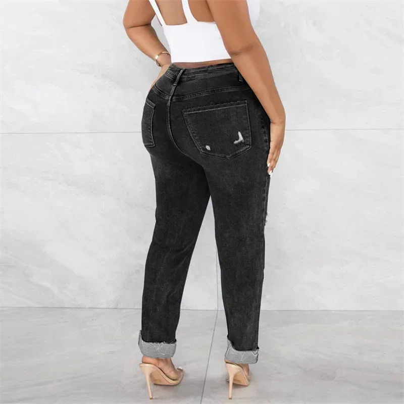 Pantalones vaqueros con agujeros rotos en la rodilla para mujer