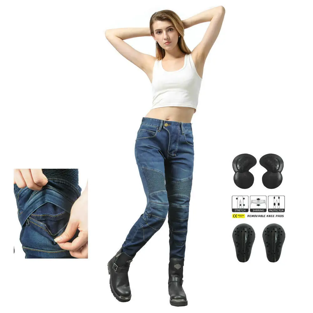 Motorcycle Pants Pantalon Moto Green Moto Jeans Woman Boyfriends Motorcycle Leisure Women'S Jeans Blue Riding High Waist Jeans