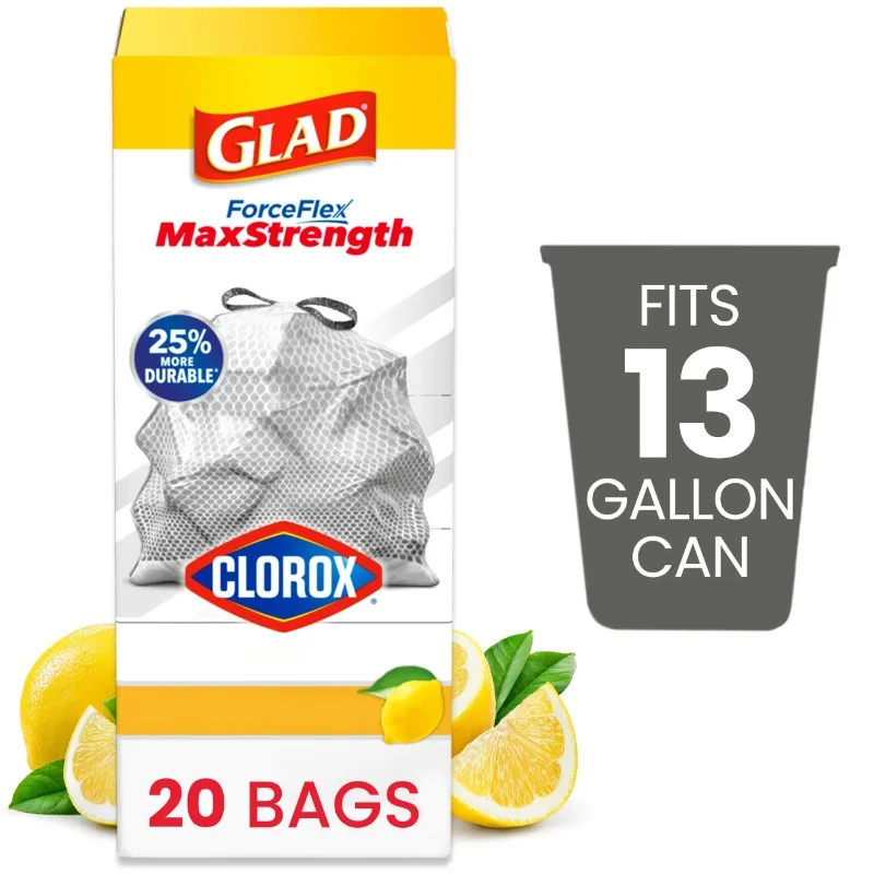 

Glad ForceFlex MaxStrength с Clorox 13 галлонов кухонные мешки для мусора, отбеливатель лимонного свежести, 20 мешков