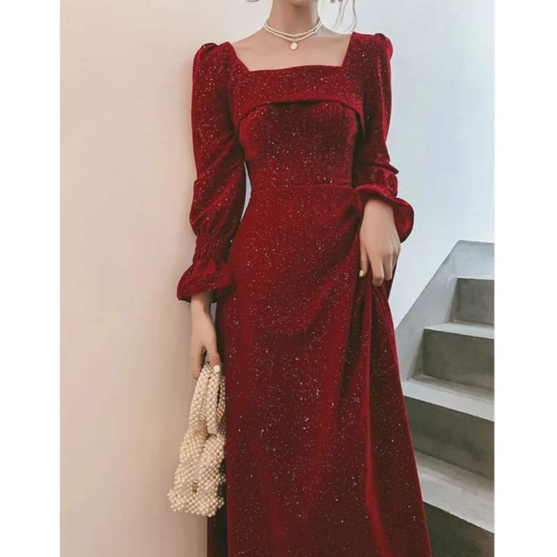 

2024 Spring Autumn Women Long Dress Glittering Red Color Long Sleeve Square Collar A-Line Shape Party Dress