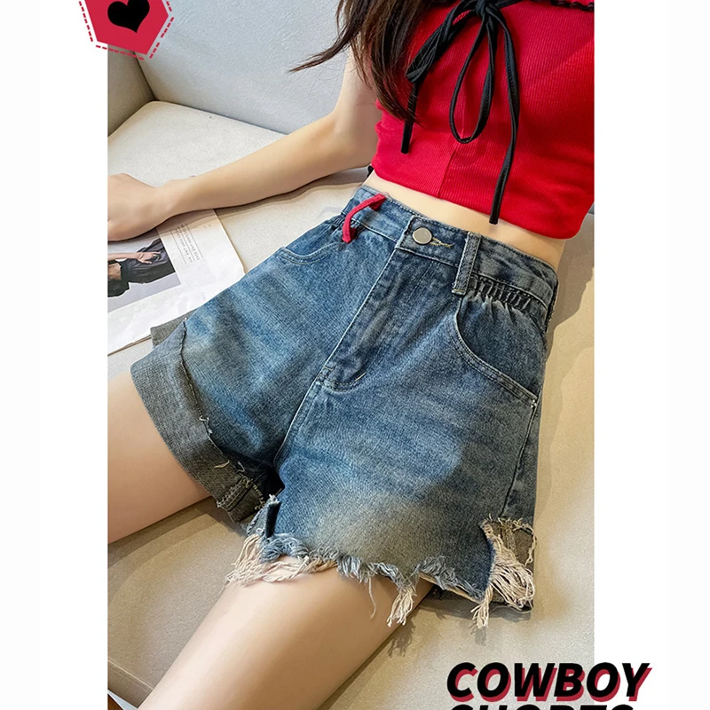 Korean Style Denim Shorts For Women Summer Elastic High Waisted Blue Patchwork Raw Edge Y2k Street Fashion Hot Pants Jean Shorts