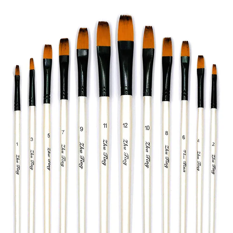 

Acrylic Paint Brushes Set 12pcs Flat Tip Nylon Hair Artist Paintbrushes for Acrylic Watercolor Oil Ink Canvas Nail Art Painting