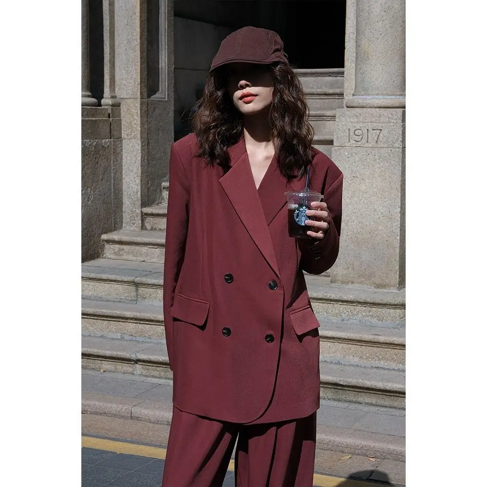 Autumn Women Solid Loose Blazer Suit Office Lady Double Breasted OverSize Fashion Blazer+pants 2Piece Set Korean Streetwear purple suit jacket women s new korean version oversize design casual suit all match fashion blazer office lady coat