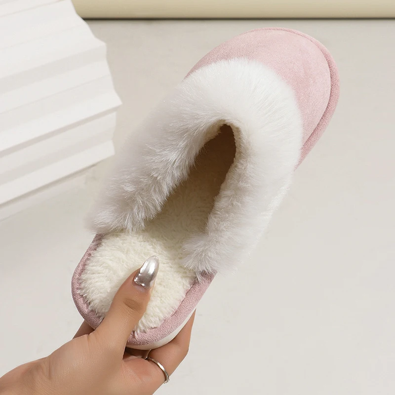 2025 New Faux Fur Flat Slippers for Women Winter Non Slip Warm Bedroom Home Slides Woman Comfortable Soft Sole Cotton Shoes