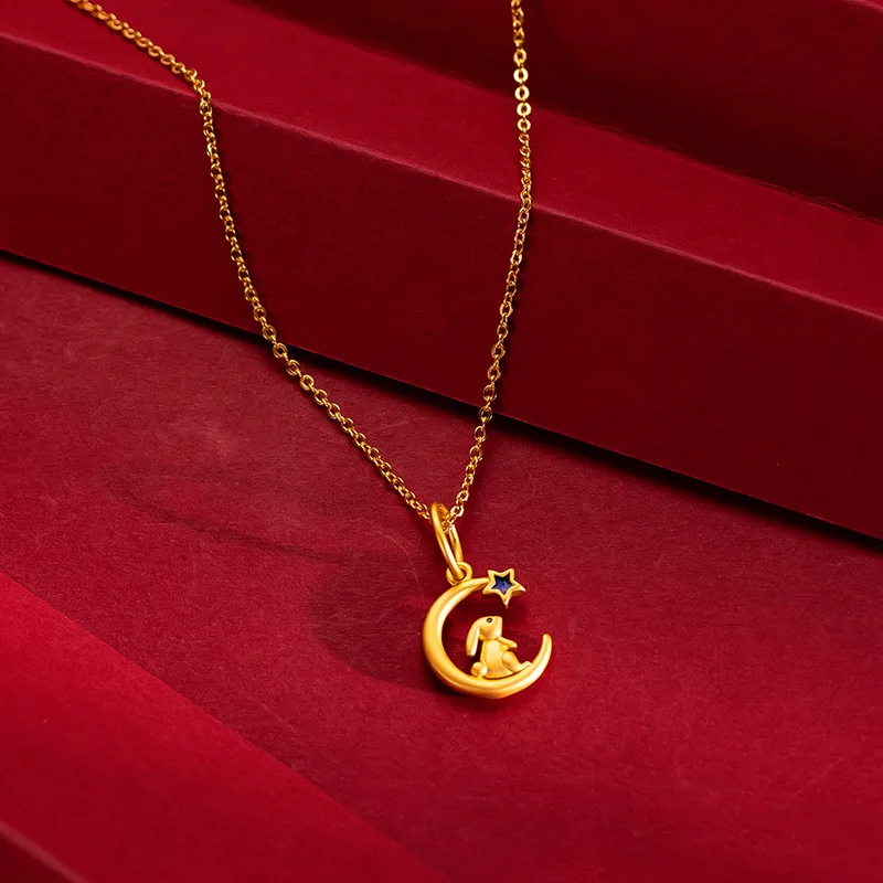 Fashion Real 24k Pure Gold Color Moon Rabbit Pendant Necklace for Women Bride Neck Chain Jewelry Wedding Engagement Fine Jewelry