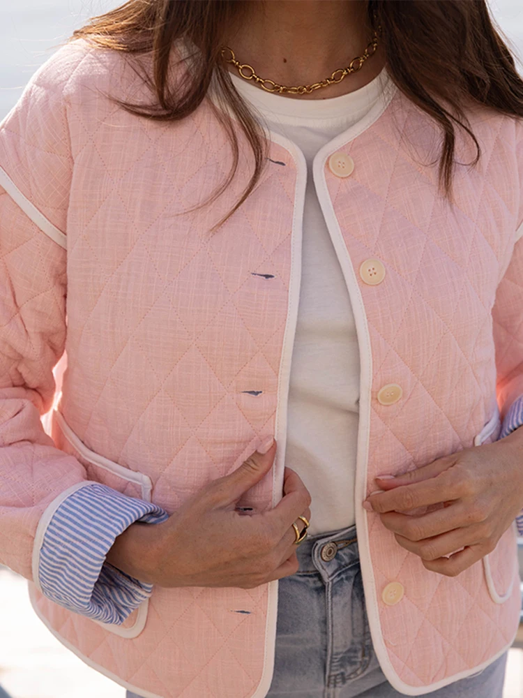 Argyle Panelled Patchwork Thin Padded Jacket Women Elegant O-neck Long Sleeve Single Breasted Pockets Coats New Ladies Outerwear