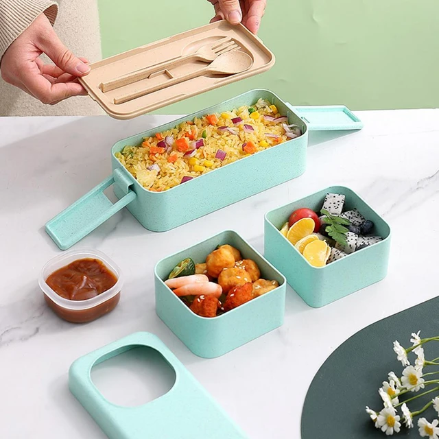 Eco-friendly Beige Stackable Bento Box Lunch Box for Adults Dishwasher and  Microwave Safe Leak Proof 2 Dividers Cutlery 