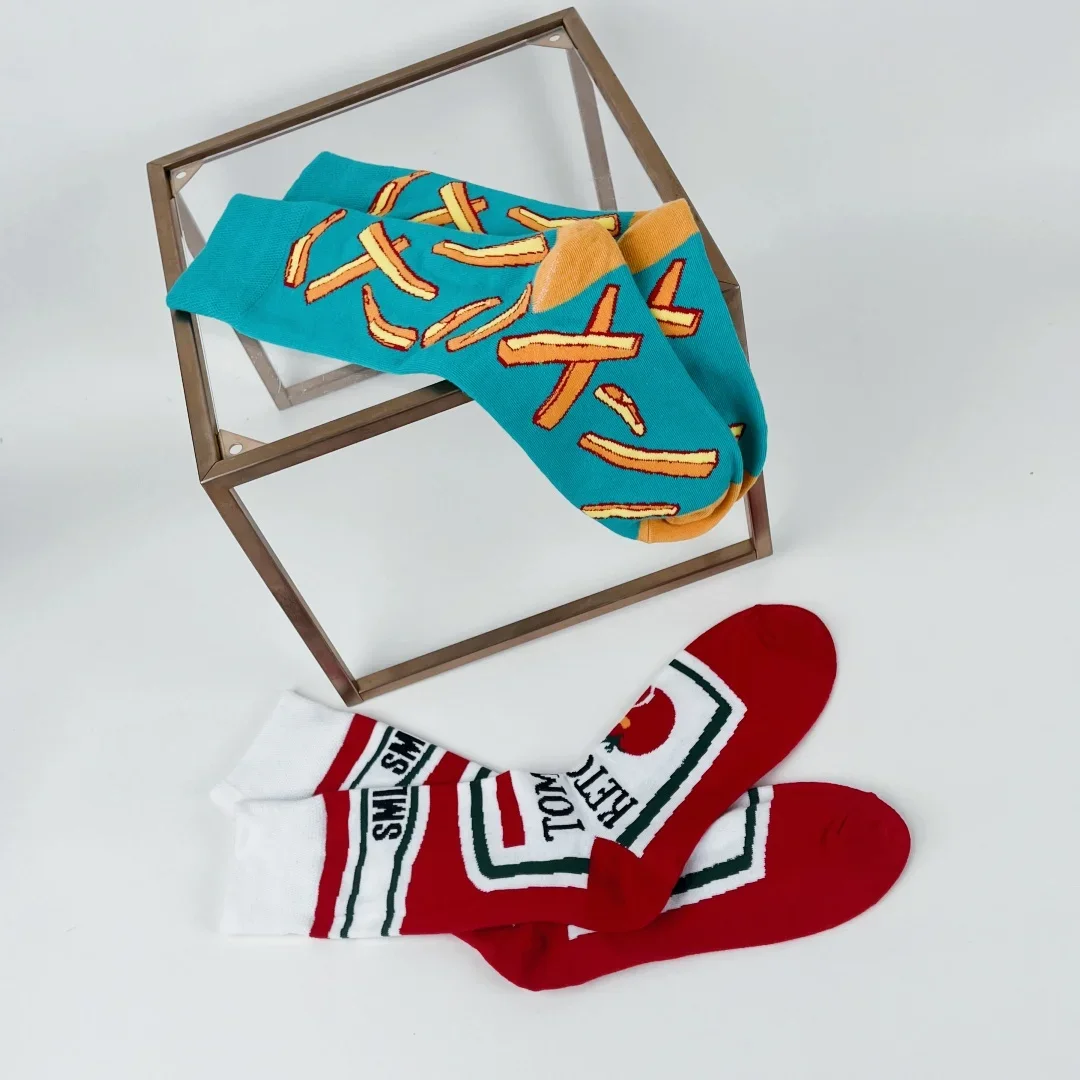 1 Paar Unisex-Socken im lustigen AB-Stil mit Tomaten-Ketchup- und Pommes-Frites-Aufdruck, geeignet für alle Jahreszeiten – Detail 10
