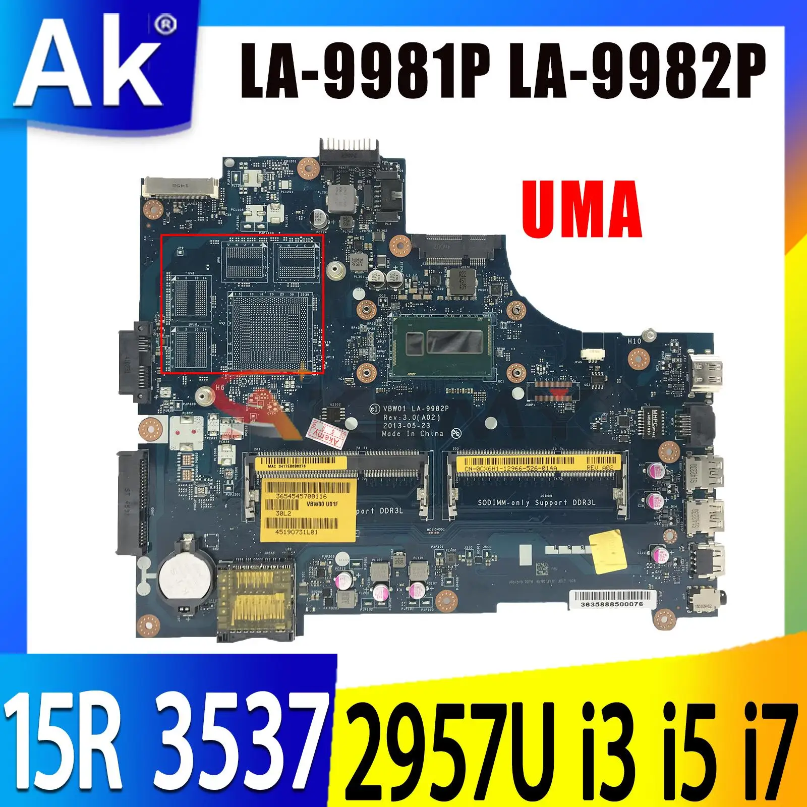 Placa-mãe La-9981p La-9982p para Dell Inspiron 15r 3537 5537 Placa-mãe Cn0p28j8 0mxm3y com 2955u 2957u i3 i5 i7 Cpu 4ª Geração