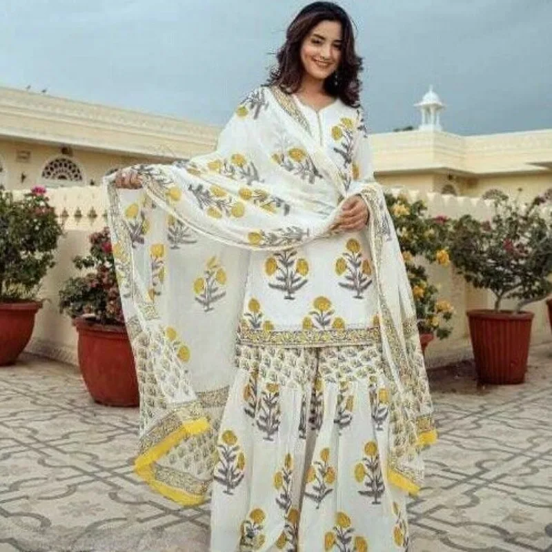 

Women Cotton Sharara Kurta Beautiful Salwar Kameez Dupatta Stitched Palazzo Suit