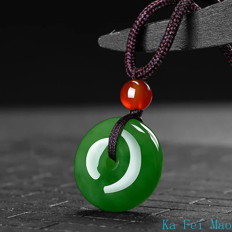 Pendant Necklace Natural Green Jade Safety Buckle Pendant Necklace Hand-Carved Charm Jadeite Jewelry Fashion Amulet for Men Women