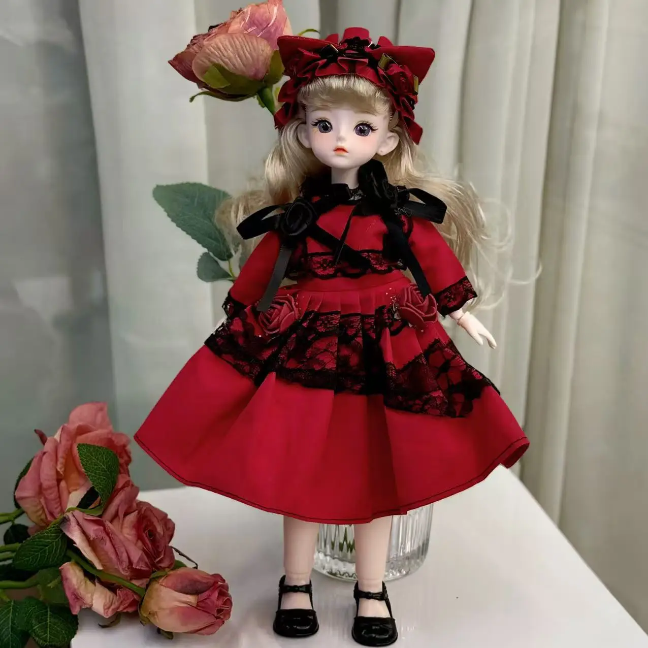 The New Hot-selling Doll Dress Elegant Temperament Purple Gauze Fairy Dress Retro Red and Black Color Matching Tutu Skirt