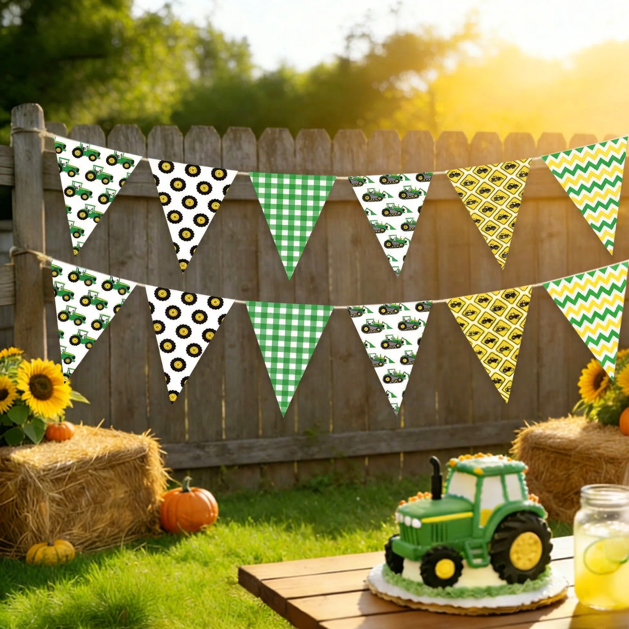 Green Tractor Decorations with Checkered and Triangular Flags for Celebrations & Events