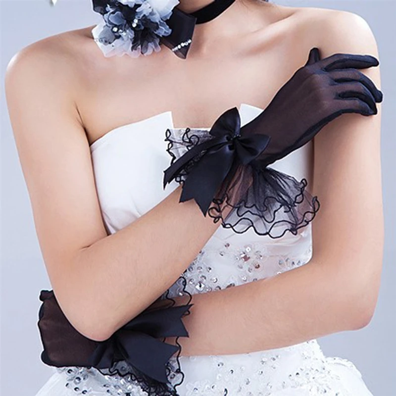 

Women Lace Mesh Gloves Ladies White Wrist Gloves Large Bow Knot Marriage Glove Party Cosplay Accessories Short Tulle Gloves