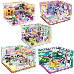 Blocs de construction de ville, modèle de maison Architecture, ensemble complet de salon et d'étude cuisine salle de bain chambre à coucher, jouet bricolage pour filles 
