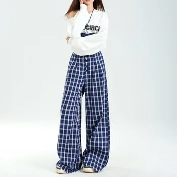 Pantaloni casual a gamba larga a quadretti blu retrò Donna Autunno Inverno Pantaloni larghi con bottoni e lunghezza del pavimento 1