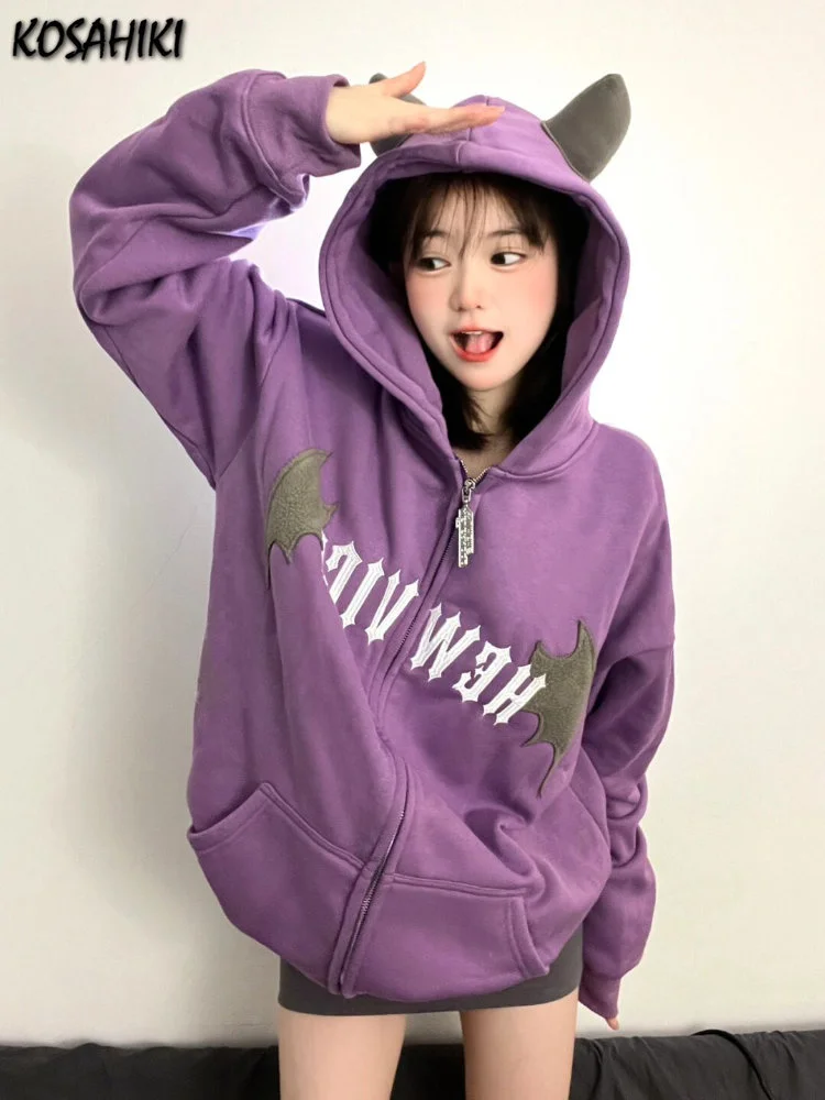 

Kawaii Hoodie Fashion Zip-up Jackets Women Devil Horns Hooded Sweatshirt Y2k Loose Tops Jacket Harajuku Streetwear