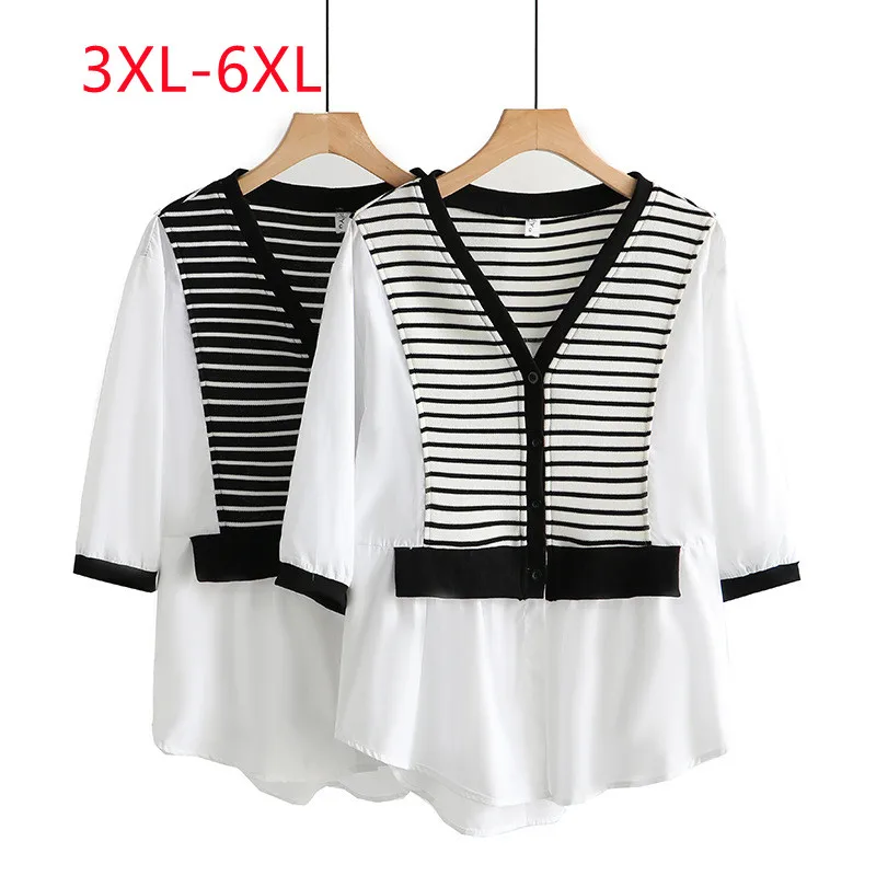

Large women's summer 2022 new slim loose V-neck knit stitched single breasted striped Plus Size shirt 3XL 4XL 5XL 6xl