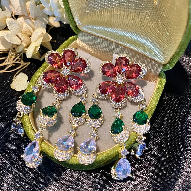 Bilincolor Gradient Colored Zircon Exquisite Flower Tassel Earrings for Women