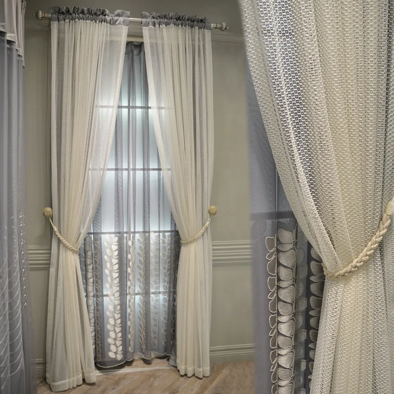 

Modern European Minimalist Curtains Tulle for Living Room Bedroom Grid Embroidered Jacquard Double Layer Perspective Curtain