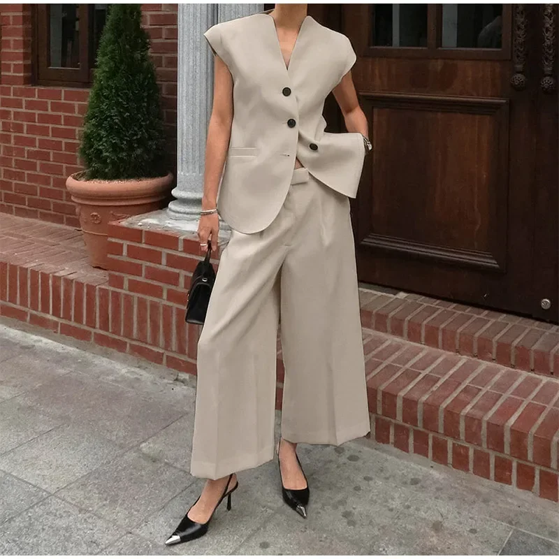 Elegant Waistcoat Pants Set For Women 2 Pieces Single Breasted Tank Wide Leg Trousers 2025 Spring Summer Lady Commute Outfits
