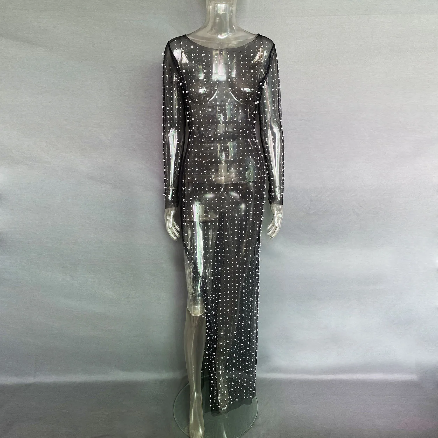 Vestido playero elegante de manga larga con perlas transparentes y decoración de diamantes para mujer, vestido playero liso dividido