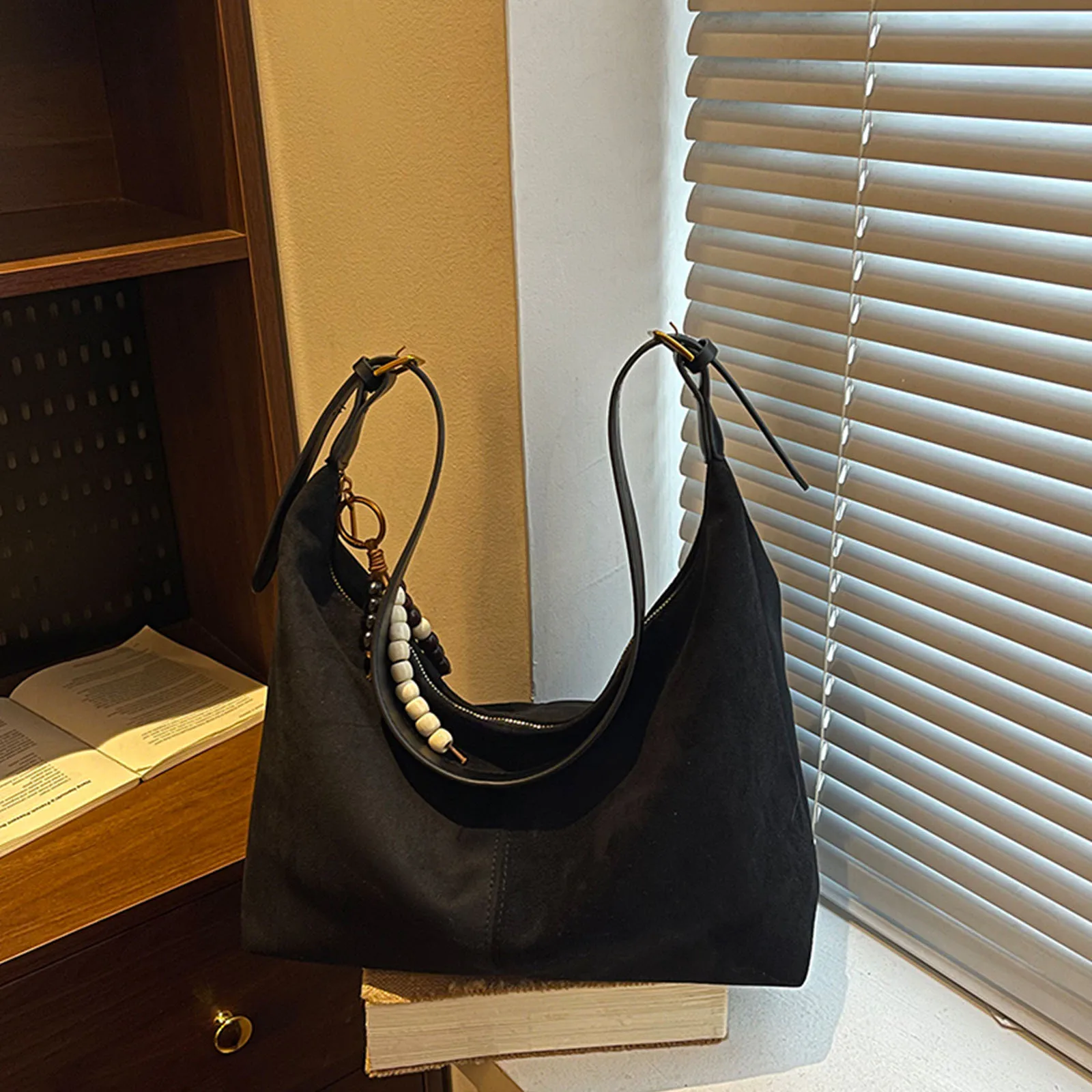 Faux Suede Top Handle Handbag Solid Color Slouchy Dumpling Bag Commute Underarm Bag Retro for Woman Everyday Carry