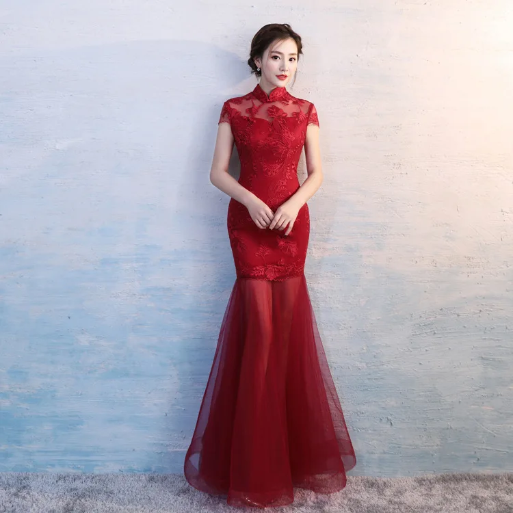Elegant Female Chinese Classic Cheongsam Traditional Evening Party Dress Sexy Slim Long Qipao Large Size 3XL Lace Vestidos
