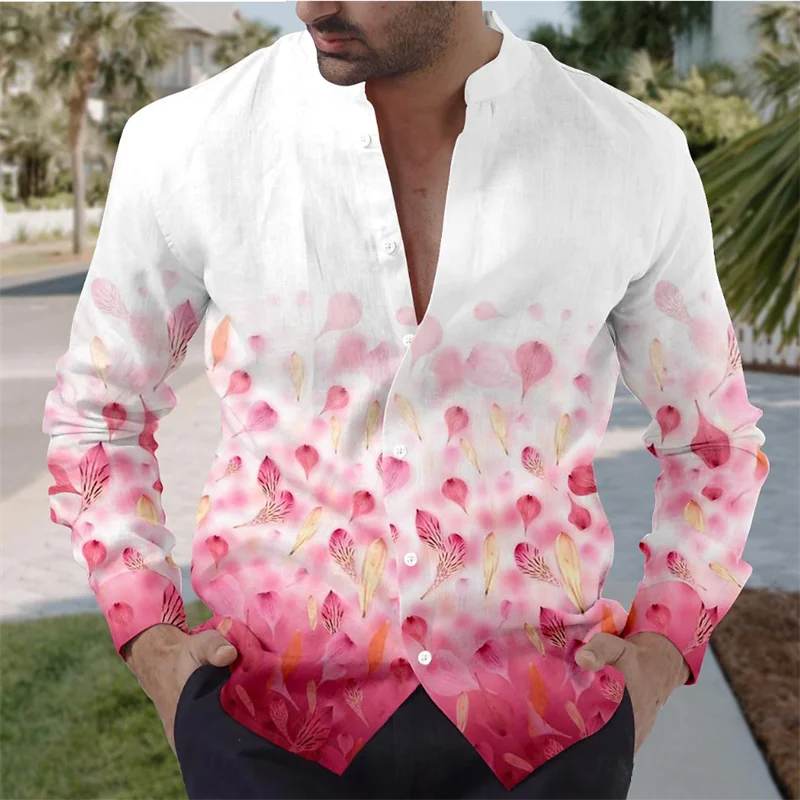 2024 Floral Retro 3D Printing 6 Color Men's Shirt Daily Wear Outing Weekend Summer Stand Collar Long Sleeve Light Pink XS-6XL weekend