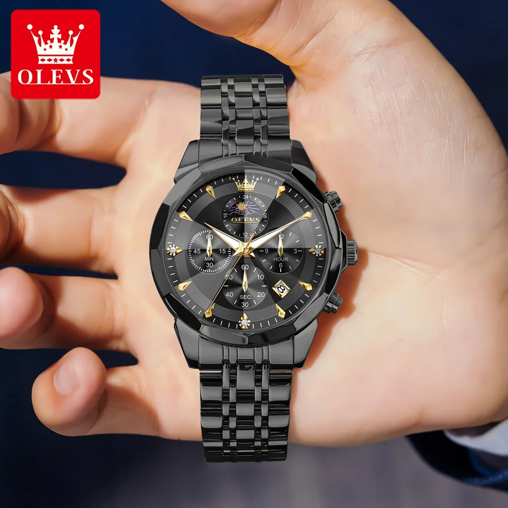 OLEVS 3673 Men's Watch Steel Strap Original Moon Phase Quartz Watch For Men Rhombus Mirror Chronograph Waterproof Man Wristwatch