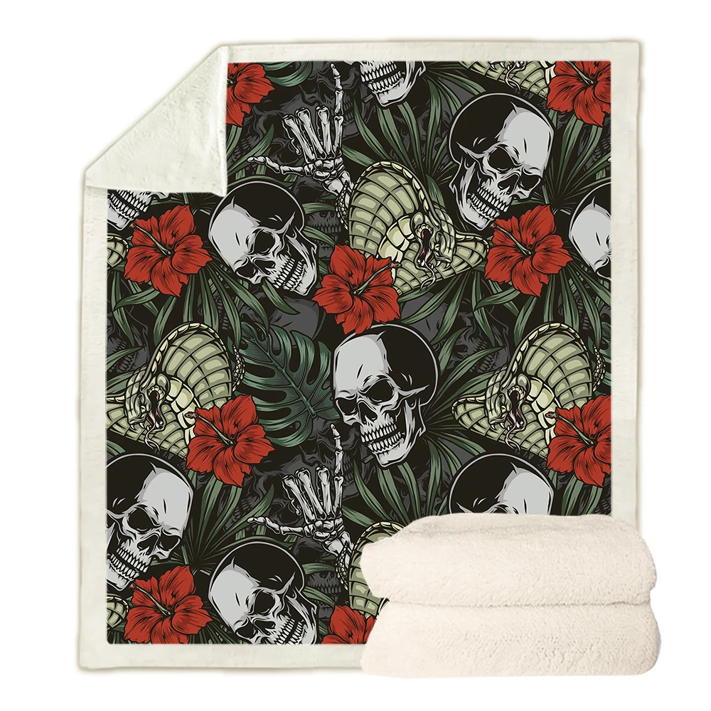 

CLOOCL Fashion Blanket Tropical Plant Leaves Skull Cobra Printed Throw Blankets for Bed Double Layer Nap Quilts Travel Portable