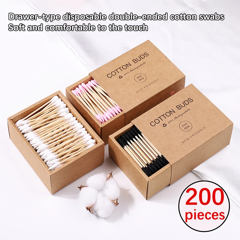200Pcs/Box Pull-out Type Disposable Double Ended Cotton Swab Natural Cotton For Makeup Remover Nose Ears Cleaning Health Tools