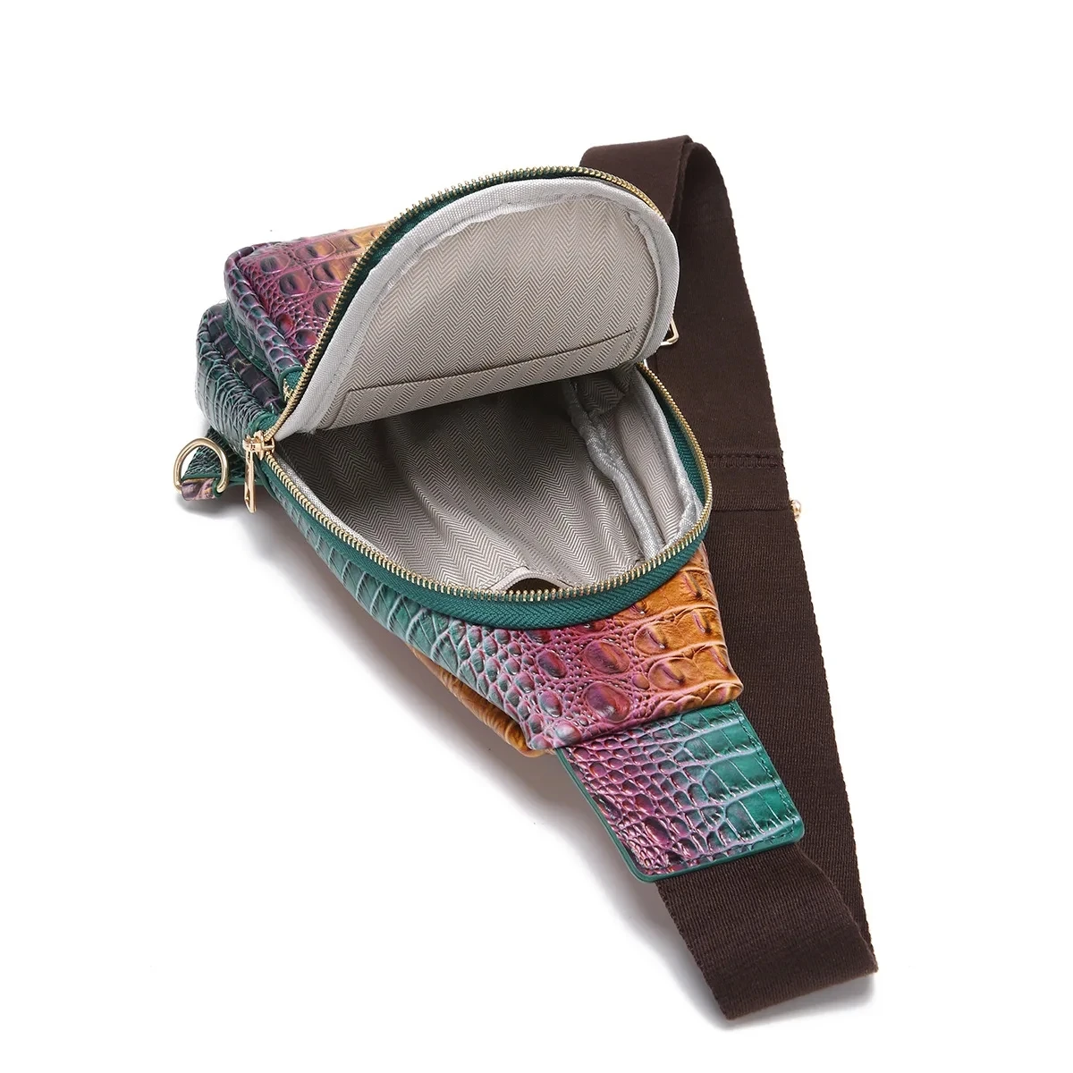 Crocodile Embossed Women’s Satchel Chest Bags Purse Elegant Crossbody Bag Wide Shoulder Strap Fashion Casual PU Retro Daypack