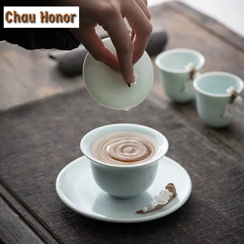 140ml Creative Ru Kiln Ceramic Sancai Covered Bowl Hand Pinch Flower Bud Art Tea Tureen Tea Making Gaiwan Kung Fu Tea Set Gifts