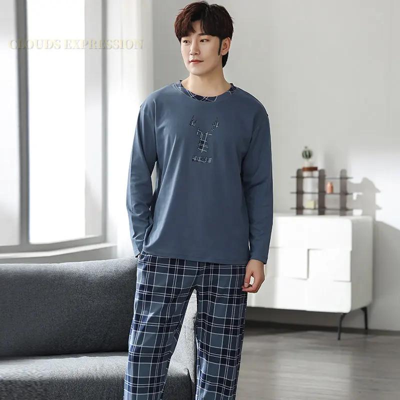 Man Pajamas Set Autumn Cotton Letter Striped Cartoon Casual Lounge Plus Size 3XL