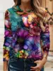 Women's 3D floral print T-shirt fashionable long-sleeved round neck regular tops holiday weekend spring and autumn