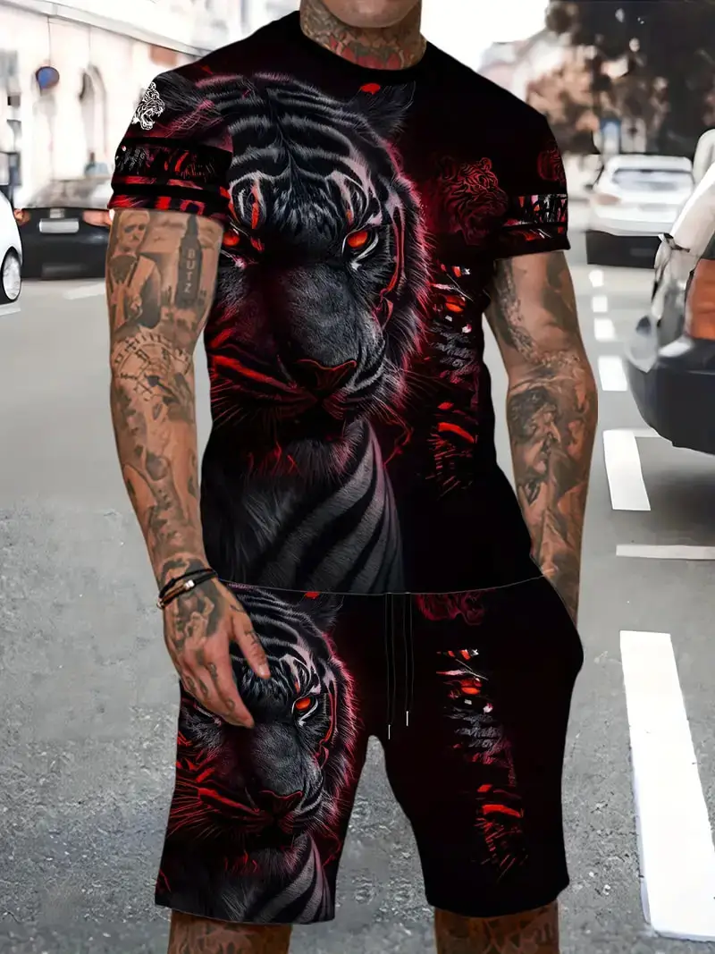 Newest Summer Men's Beach Shorts Set 3D Fierce beast Tiger Print Short Sleeve T-shirts+Shorts 2 Pcs Set Oversized Tracksuit Suit 6