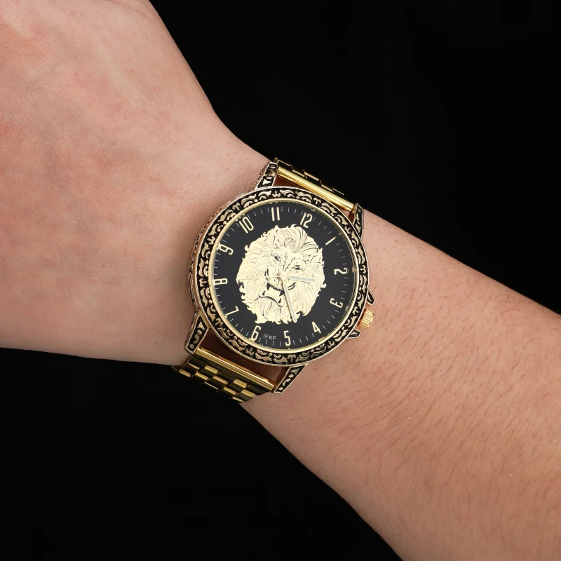 new Gold Skull Lion Tiger Men luxury business Military Quartz watch golden stainless steel band men watches male clock Relogio