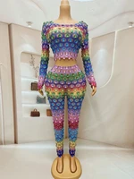 Sparkly Colorful Diamonds Long Sleeve Crop Top Two Pieces Pants Women's Set Birthday Celebrate Outfit Dance Costume Stage Wear 1