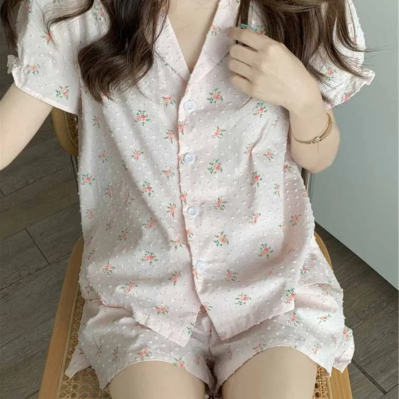 2022 new sweet pink floral short-sleeved shorts pajamas two-piece set  pajamas for teen girls  ชุดนอน