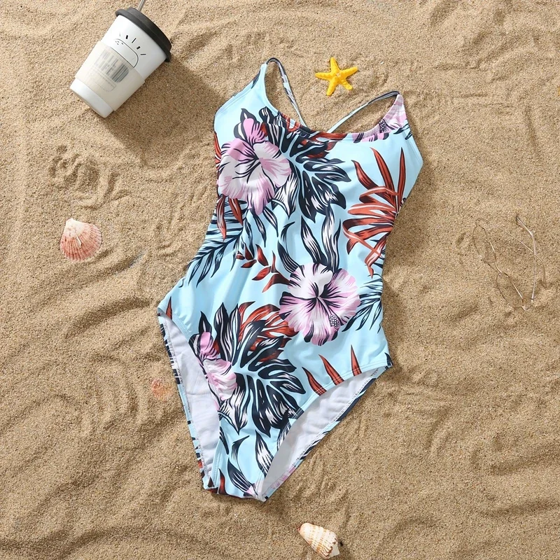 2025 New Mom Daughter Matching Clothes Floral One-Piece Suit Swimwear Girls Back Bandage Swimsuit Boys Swimming Trunks Beachwear 5