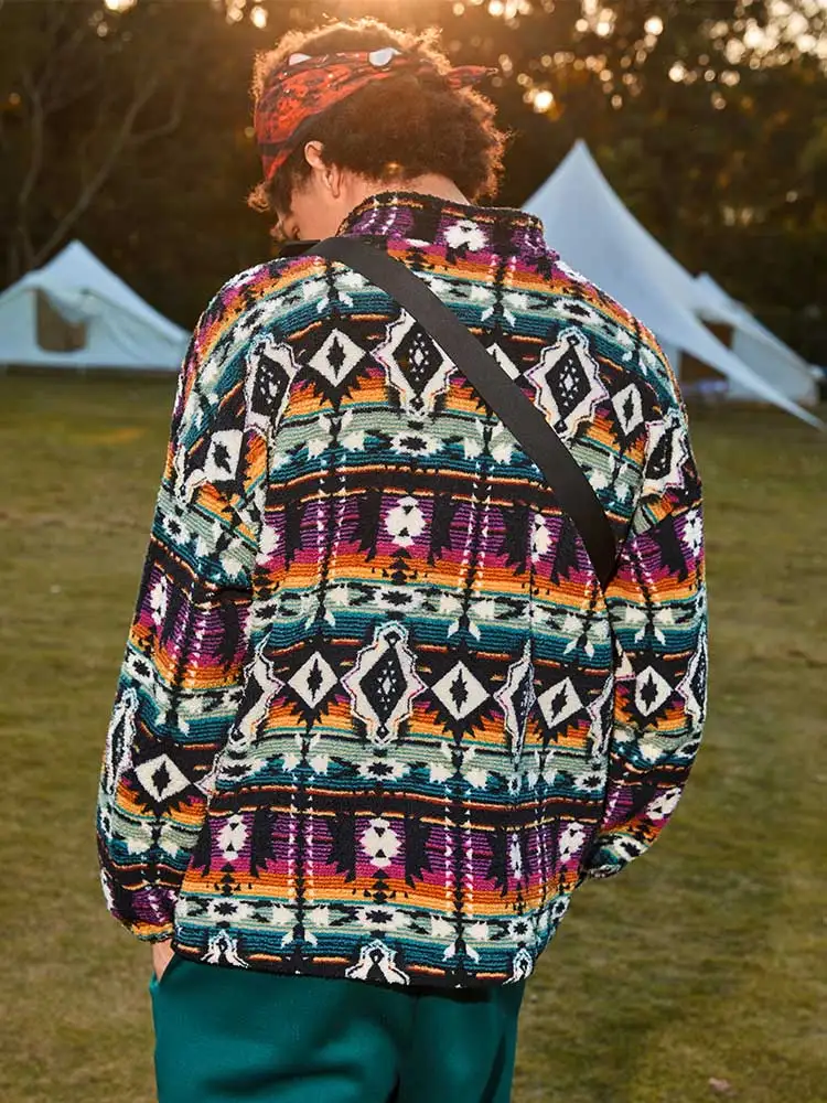 ZAFUL Sudadera con capucha de cuello alto para hombre sudadera esponjosa con estampado etnico azteca ropa de calle Unisex con cremallera Jersey holgado sudaderas Z 5045875