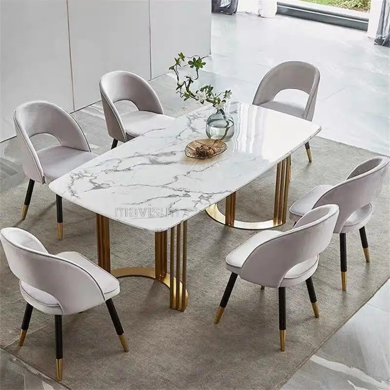 

Marble Dining Table Combination Custom Rock Board Nordic Minimalist Small Apartment Simple Rectangular Table And 6 Chair Sets