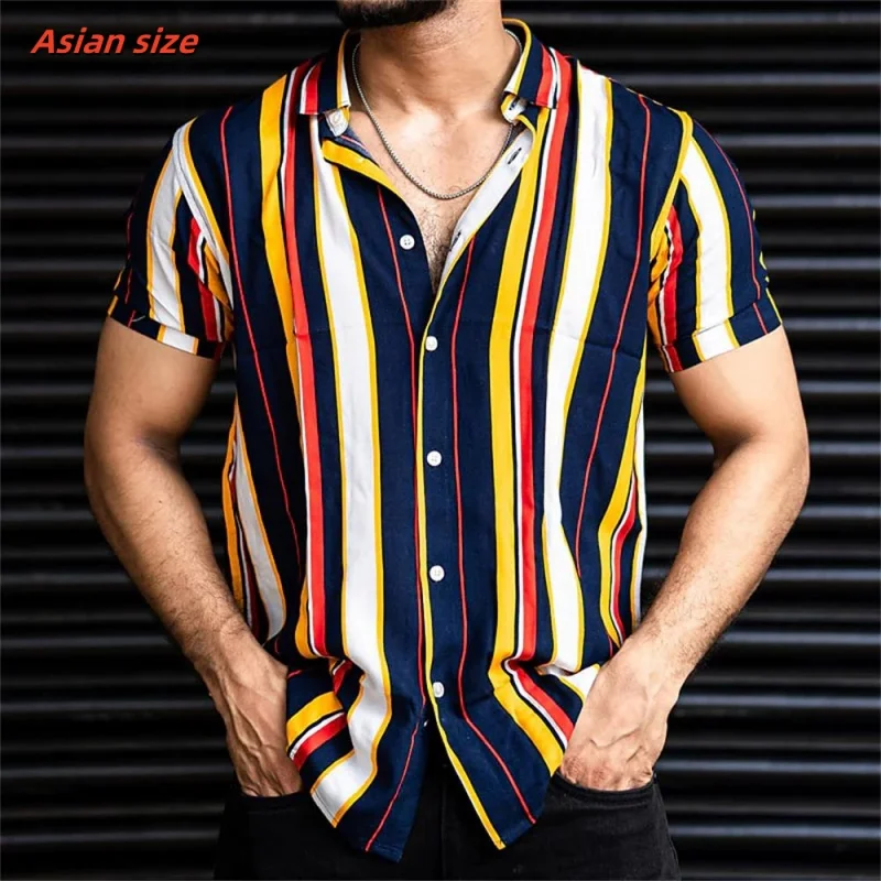 Men Colorful Stripe Pattern Hawaiian Shirt Color Block 3D Print Blouse Short Sleeve Street Oversized Lapel Tops Aloha Shirts