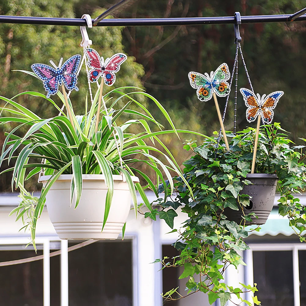 Diamond Painting Kits Butterfly Diamonds Painting Stickers Stakes Kit Shining Diamond Art Stakes Vibrant Color for Garden Decor