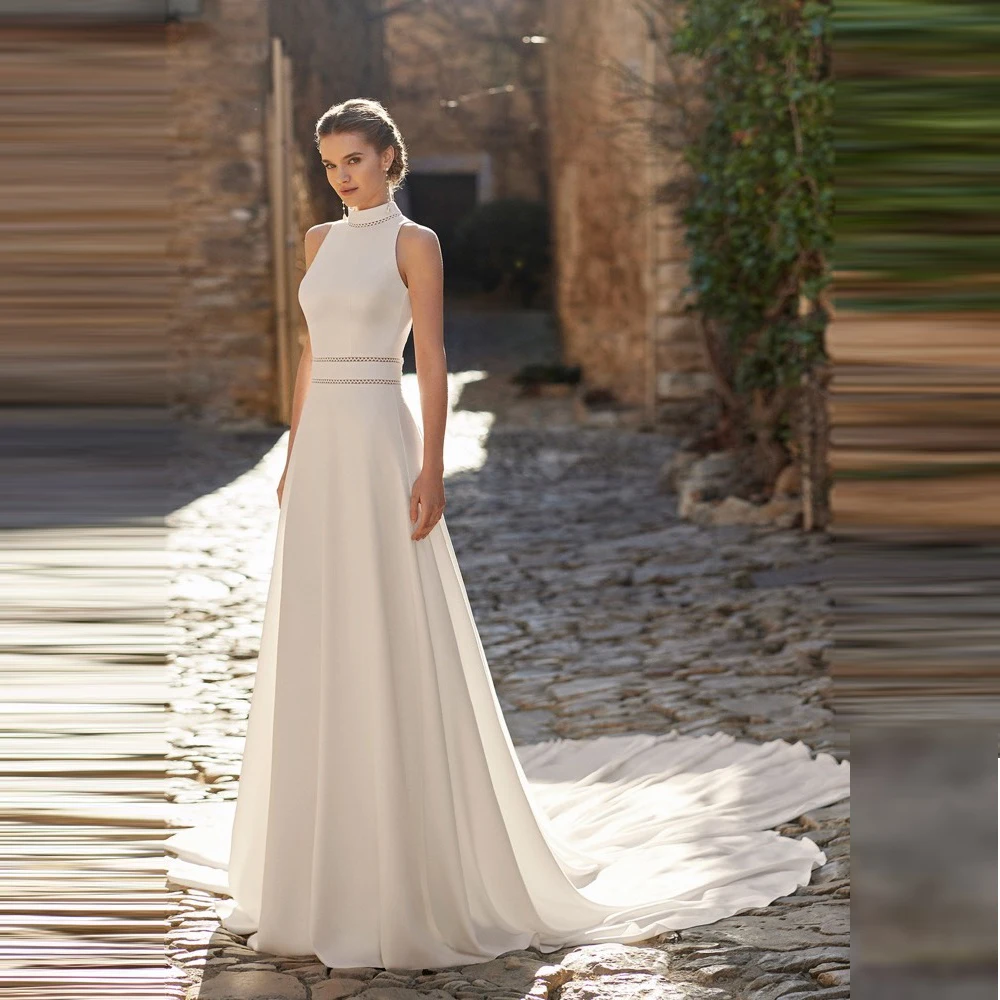 

Elegant O-Neck Sleeveless Wedding Dress For Bride 2023 Elegant Belt Backless Spandex Custom Made To Measures Robe De Mariee