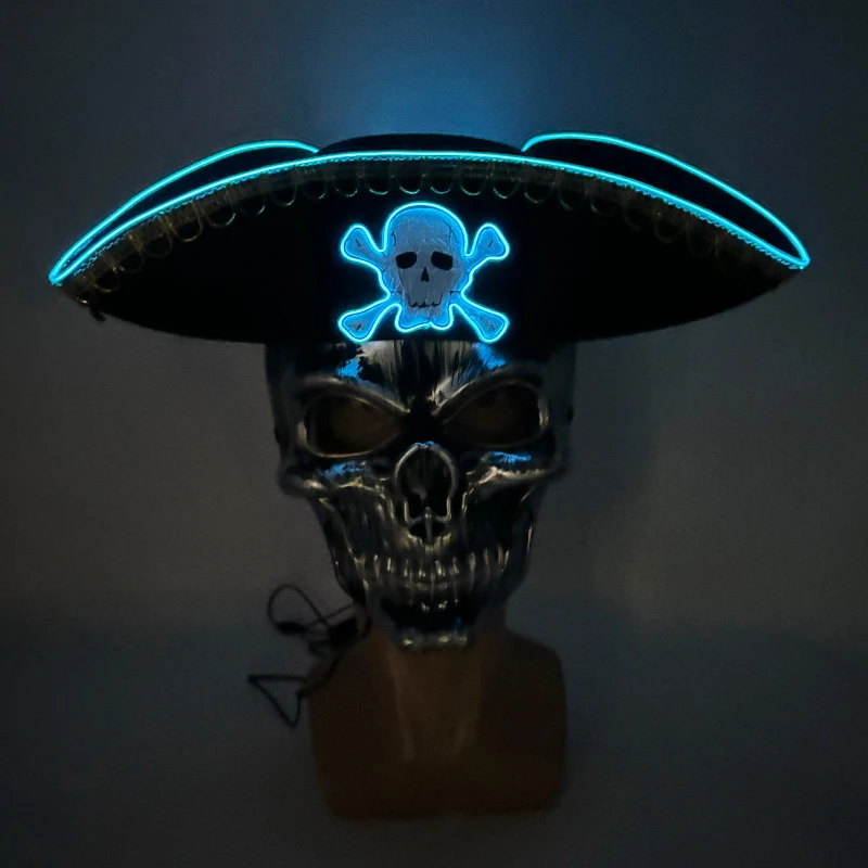 Halloween LED Light Black Pirate Hat For Adult Pirate Theme Party Glowing Cap Cosplay Costume Luminous Hat With Skull Pattern party hat halloween witch hat halloween hat lamp led party accessories